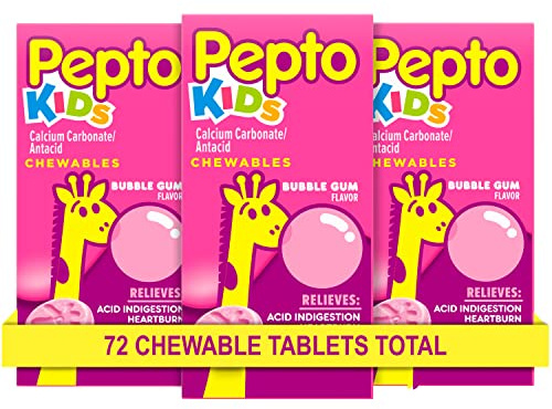 Pepto Kids Bubblegum Antacid Tablets Chewable, Upset Stomach Relief for Kids, Heartburn Relief, Acid Indigestion and Sour Stomach Relief, 72 Chewable Tablets (3x24 ct)
