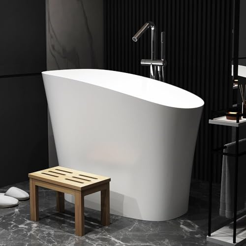 Weibath Japanese Soaking Bathtub 47'' Oblique Freestanding Tub Stone Resin Deep Soaking Bathtub in Matte White
