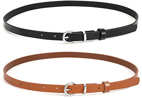 WHIPPY 2er-Pack dünner Damen Ledergürtel schmaler Taillengürtel schmal Gürtel mit goldener Kreisschnalle für Kleid Hose Jeans，schwarz/braun，110cm