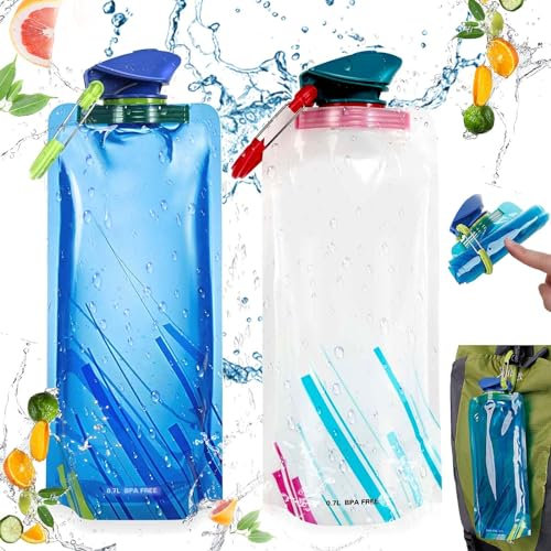 SoundZero 2 Stück faltbare wasserflasche, trinkbeutel 700ml wandern, Faltbare Trinkflasche Bpa Frei Mit Karabiner, Zusammenklappbare Wiederverwendbare Trinkflasche, faltbare trinkflasche mit karabiner