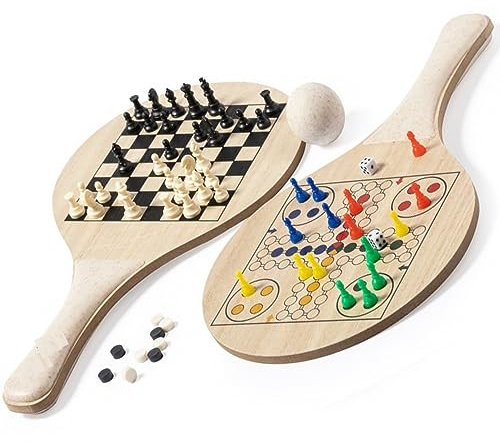 Set di 2 racchette da spiaggia sostenibili con gioco di scacchi e mulino con palla in sacchetto di cotone Sport Fun Estate Spiaggia Beach