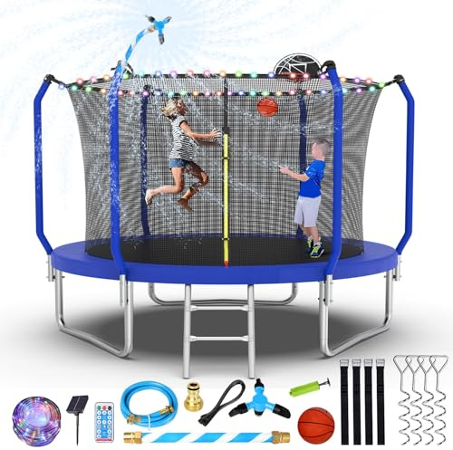 Lyromix Upgraded 10FT Trampoline for Kids and Adults, Large Outdoor Trampoline with Basketball,Stakes, Light, Sprinkler,Basketball Hoop and Net, Capacity for 4-6 Kids and Adults