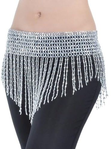 Bauchtanz Outfit,Damen Bauchtanz Kostüm Frauen Bauchtanz Kleidung Quaste Hüfte Schal Bauchtanz Elastic Wickelgürtel mit Gold / Silber Perlen Fransen Tanztuch Bauchtanz Kostüm ( Color : Silver small be