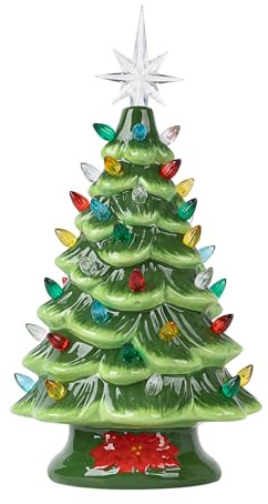 Cordless Lighted Ceramic Christmas Tree Vintage Tabletop Christmas Decoration, Pre-Lit Colorful Mini Light Bulbs 13'' Traditional Green