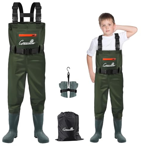 GREENWATER Kids Chest Waders Youth Fishing Waders with Boots Waterproof for Children Boys Girls Hanger & Bag Included, Green, L