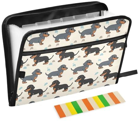 Fächermappe mit niedlichem Dackel-Motiv, mit Klebeetiketten, 13 Taschen, Akkordeon-Aktenordner, Dokumenten-Organizer mit Reißverschluss