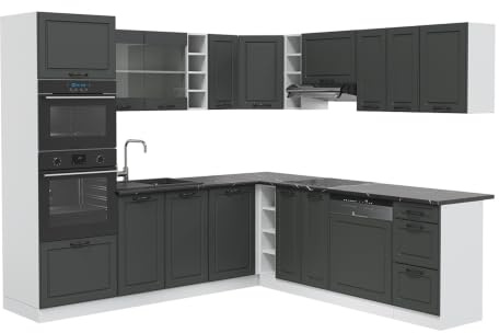 Vicco Eckküche R-Line, Anthrazit Landhaus/Weiß, 247 x 237 cm | 14 Module · Höhenverstellbare Füße · AP Anthrazit inkl. · MDF-Fronten · Mit Backofen-/Mikrowellenschrank