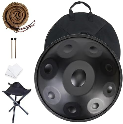 432Hz / 440Hz Stahl-Handtrommel 56cm 9/10/12 Noten Handpan-Drum-Instrument In D Moll Handpan Schlaginstrument Für Klangheilung, Persönliche Meditation, Yoga(Color:Schwarz,Size:9 Notes(440HZ))