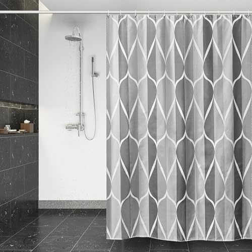 DUFU Wasserdichter Duschvorhang Anti-Schimmel 180 x 200cm Waschbar Schnelltrocknend Textil Stoff Polyester Badewanne für Vorhang Geist Grau Halbtransparent Duschvorhang mit 12 Duschvorhängeringen | Schnelltrocknend Textil Stoff Polyester Badewanne für Vorhang Stoff Grau Wellen Halbtransparent Duschvorhang mit 12 Ringen