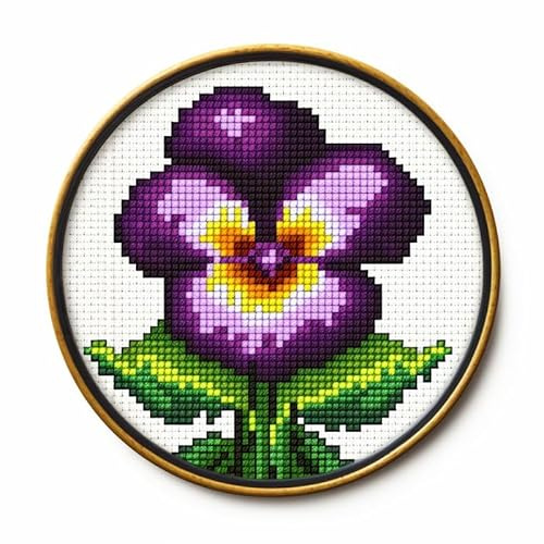 Pansy 11ct Counted Cross Stitch Stamped Pre Printed Cross Stitch Embroidery Kits for Adults Starter DIY Embroidery Needlework Kit with Hoop 35×35cm(D225)