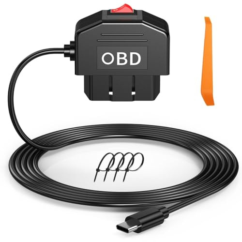 Acmerota Dash-kamera OBD-strömkabel OBD till typ-C USB strömadapter trådlös laddningskabel och AccTwo läge 24 timmars övervakning med strömbrytarknapp instrumentkamera GPS DVR (3,5 m)
