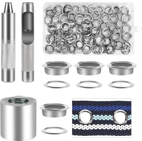 Pavlleen Occhiello Strumento Kit, 120 Pezzi Occhielli Set di Occhielli per Teloni, Occhielli Grommet Rondelle, Occhielli Metallici con Scatola Portaoggetti, per Tela Cerata, Tessuto (Argento)