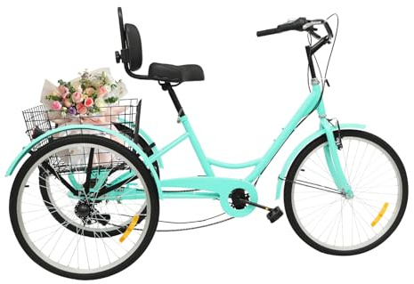 Begoniape 24 Zoll Dreirad, 7 Gänge Dreirad Fahrrad, Tricycle Dreirad für Erwachsene und Senioren, 3 Rad Fahrrad City-Dreirad mit Einkaufskorb,120 Kg Tragfähigkeit, aus Kohlenstoffstahl (Grün)
