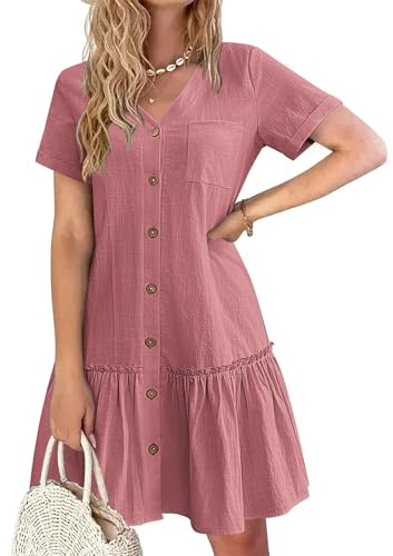 Hotouch Robe d’été Femme Lin Boutonnée Col V Robe de Plage Casual Courte A-Ligne à Volants
