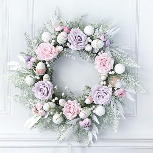 50CM Daisy Spring Wreaths for Front Door Outside Artificial Pink Rose,Blue Berry,Green Leaves Summer Wreaths Full Handmade for Farmhouse Wall Window Decor (Blue)