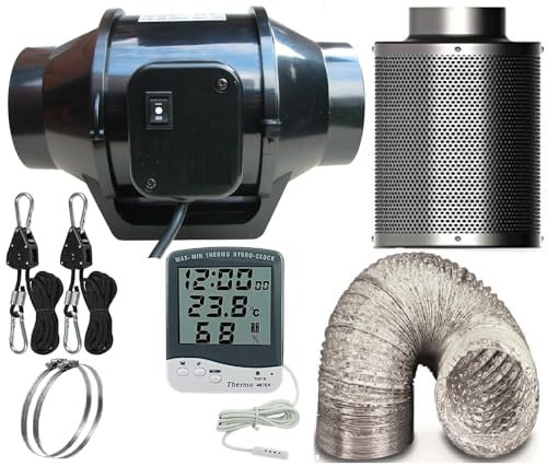 ZERO feel the dream 5 Inch 125mm Inline Fan and Carbon Filter Combo, Exhaust Fan with Speed Control, Humidity and Temperature Sensor, Hydroponics Grow Tent Ventilation Kit