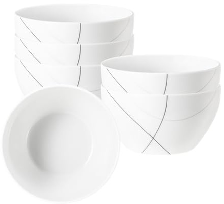 Seltmann Weiden Trio Highline Müslischale 15 cm, 6er Set, Dessertschalen mit schwarzen und grauen Dekorlinien, Spülmaschinen- und Mikrowellenfest, Porzellan, Weiß