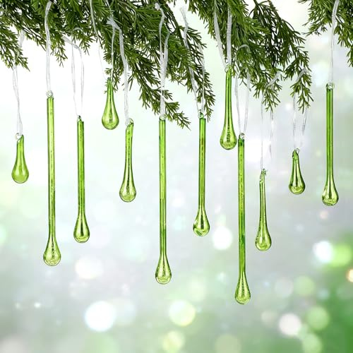 Yalikop 12 Pcs Mercury Glass Teardrop Christmas Ornaments Icicle Raindrop Christmas Tree Hanging Decoration Vintage Chandelier Crystal Pendant for Xmas Tree Winter Holiday Party Supplies (Green)