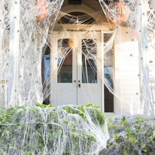 BASTOUR 100g Ragnatela di Decorazione di Halloween+60 Nero Finti Ragni, Decorazioni di Halloween di Ragnatele Estensibili, Ragnatela di Halloween, Halloween Spider Cotton Set, Ragnatele Estensibili