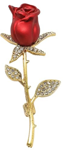 BEAMARKER Broche de Rosa Roja con Diamantes de Imitación, Alfiler de Aleación de Esmaltado con Forma de Rosa, Flor Roja, Cristal Dorado, Alfileres de Solapa con Hojas s, Accesorios de Joyería par