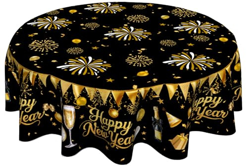 VentuCoven Happy New Year Round Tablecloth New Years Circle Tablecloth Polyester Fireworks Gold Black Table Cloth 2026 New Year Decorations for Round Tables 60 Inch