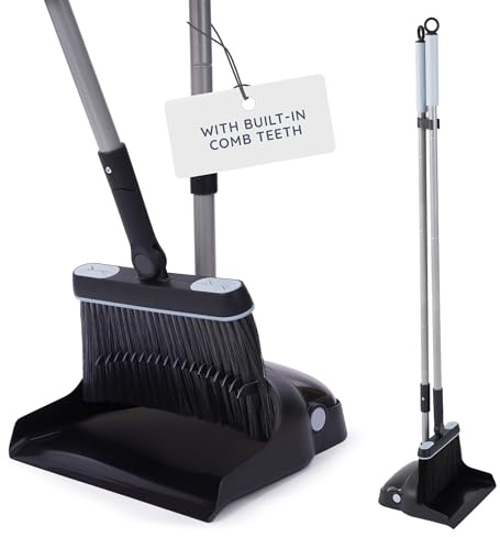 CUQOO Dustpan and Brush Set – Long Handled Upright Standing Pan & Brush, Built-In Comb Teeth, Soft Bristles, No-Bend Design for Indoor & Outdoor Sweeping