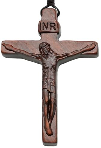 Kruzifix-Halskette aus Holz – 6 x 4,2 cm großer Sandelholz-Anhänger, handgefertigtes Vintage-Kreuz, Anhänger mit glattem Öl-Finish | Religiöse Jesus-Figur, Schmuckzubehör für Männer und Frauen, Taufe,