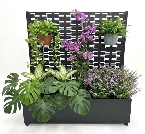 Garvee Metal Planter Box with Trellis, 47.1x47x16 Raised Garden Beds with Trellis and Wheels for Climbing Plants Vegetables, Privacy Screen Planter Box with Drainage Holes for Patio Balcony, Black
