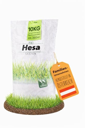 Hesa Nachsaatrasen 10 kg - Schnellkeimende Rasensamen RSM 3.2 für 350 m² | Für kahle Stellen und Rasenlücken - Belastbare Qualitätsmischung mit 4 Gräsersorten, einfache Anwendung, Made in Austria