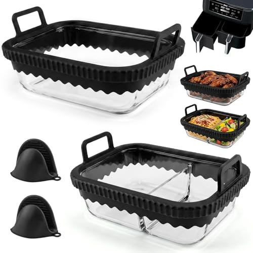 2PCS Recipiente Air Fryer de Vidrio para Ninja AF400EU, Accesorios Airfryer | Recipiente Cristal Air Fryer Con Mango de Silicona, Reutilizables y Resistente Accesorios Freidora De aire