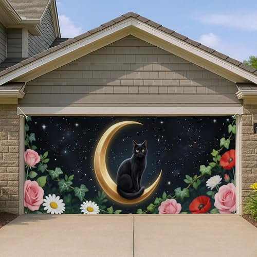 Cubierta para puerta de cochera para gato y luna, decoración floral clásico para jardín, decoración de Halloween y otoño, 157 x 71 pulgadas