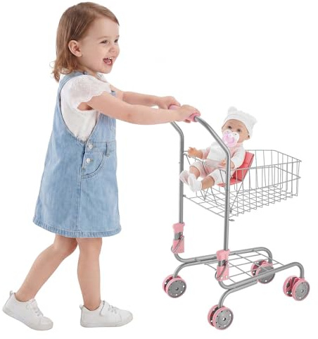 VEVOR Carrito de Compras Infantil, Estructura de Metal, Carrito de Supermercado de Juguete con Muñeca, Doble Almacenamiento, Cesta de 6 L, Ruedas de PP y Asa de EVA para Niños de 3 Años en Adelante