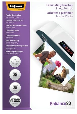 Fellowes Laminierfolien Fotoformat 10 x 15 cm, 80 Mikron (2 x 80 mic), glänzend, 25 Stück