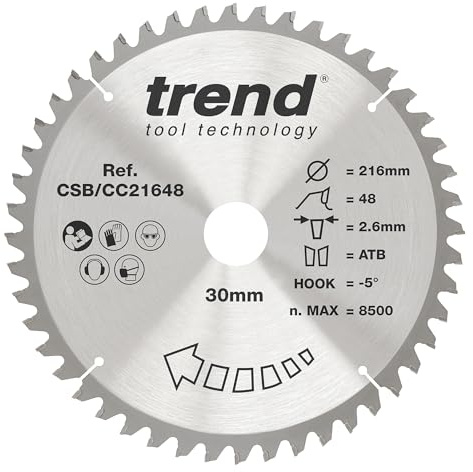 Trend Kappsägeblatt Holz, 216 mm, 30 mm Bohrung, 48 Zähne, Feinschnitt | Schneidet Holz sauber auf der Kappsäge, mit 48 Zähnen und 2,6 mm Schnittbreite, CSB/CC21648