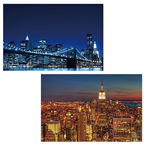 Mendler 2er-Set LED-Bild Leinwandbild Leuchtbild Wandbild 40x60cm, Timer - Skyline New York