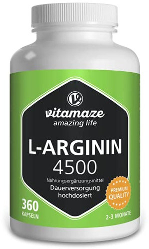 L-Arginin Kapseln hochdosiert, 4500 mg je Tagesdosis, 360 Kapseln reines L-Arginin HCL aus pflanzlicher Fermentation, Nahrungsergänzung ohne unnötige Zusatzstoffe, Made in Germany