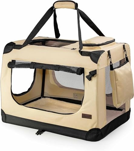 lionto Hundetransportbox faltbar für Reise & Auto, 82x58x58 cm, stabile Transportbox mit Tragegriffen & Decke für Katzen & Hunde bis 18 kg, robuste Hundebox aus Stoff für klein & groß, beige