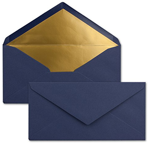 50 Brief-Umschläge DIN Lang - Dunkel-Blau/Nachtblau mit Gold-Metallic Innen-Futter - 110 x 220 mm - Nassklebung - festliche Kuverts für Weihnachten