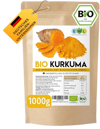Bio Kurkuma Pulver I Kurkuma Pulver Bio I Kurkumapulver aus kontrolliert biologischem Anbau I Abgefüllt und kontrolliert bei uns in Deutschland 1kg Curcuma Pulver