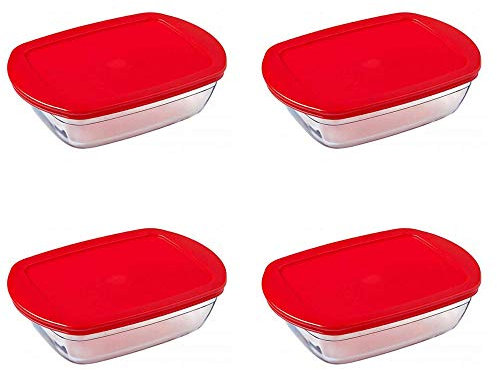 Pyrex O'Cuisine Borosilicate Glass Rectangular Dish with Plastic Lid 0.4 Litre Red (Pack of 4)