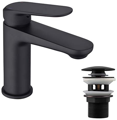 Bathroom Sink Mixer Tap,NEWRAIN Bathroom Basin Taps Mixer Mono Matte Black Brass Single Hole with Pop up Waste