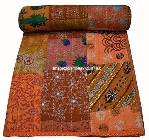Manta vintage de patchwork para niños, manta de 150 x 170 cm, ultra suave y acogedora, manta pesada, Kantha Baby Balnket de algodón acolchada (naranja)