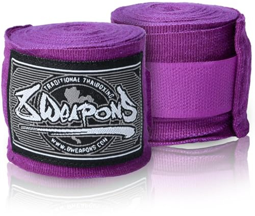 8 WEAPONS Boxbandagen 5m, Halbelastisch, Lila, Ideal für Training und Wettkampf, Verstärkter Klettverschluss, Bandagen für Muay Thai, K1, Boxen, MMA und Kickboxen