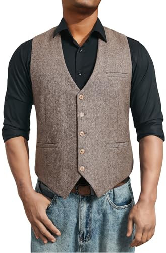 HISDERN Weste Herren Tweed Vintage Westen Braun Fischgrätmuster Wolle Anzugweste für Casual Business Hochzeit XL