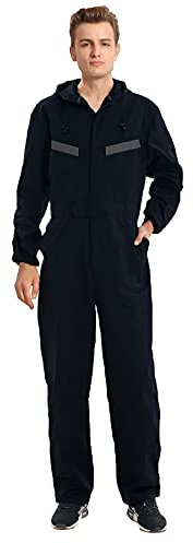 Oralidera Herren Arbeitsoverall mit Kapuze Reflektierend Arbeitsanzug Mechaniker Arbeitsoveralls Werkstatt Arbeitskombi Studenten Overall, Schwarz, M