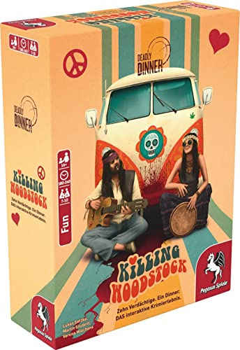 Pegasus Spiele 19012G - Deadly Dinner - Killing Woodstock - Krimi Dinner für Zuhause - 7 bis 10 Spieler - Krimispiele für Erwachsene - Krimidinner Spiel