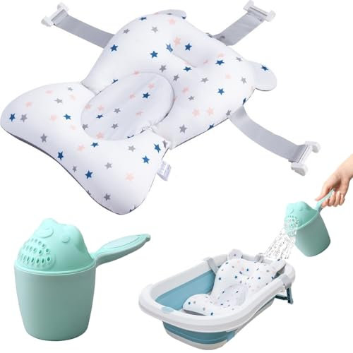 Megaser® Cojín Bañera Bebé Universal + Jarra de Baño, Reductor Bañera Bebe, Adaptador Bañera Recién Nacido, Hamaca de Baño, Asiento Antideslizante, Almohada con Soporte Adaptable, Vaso baño incluido