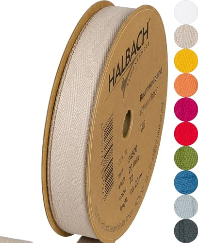 Halbach 24500 Ruban de soie en coton - 20 mm x 20 m - Pour travaux manuels - Vendu au mètre - Ruban en tissu pour décorations - 100% coton - Pour bricolage, artisanat, biais - Couture - Couleur : lin