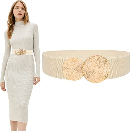 SUOSDEY Elastischer Gürtel Damen, Taillengürtel für Kleid Pulloverjacke Breiter Gürtel Mit Goldener Schnalle,Beige