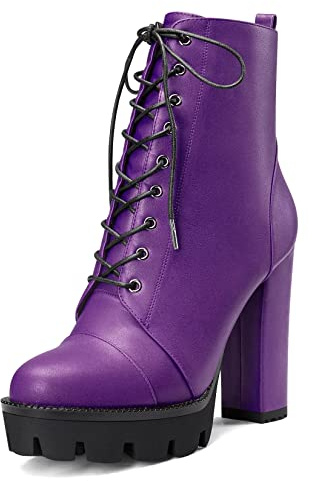 Castamere Femmes Haut High Talon Heel Plate-forme Bloc Chunky Rond Bout Bottines Lacets Fermeture à Glissière Bottes Violet A 45 EU